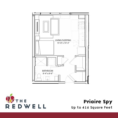 Floor plan for studio, 1 bath, 416 sqft